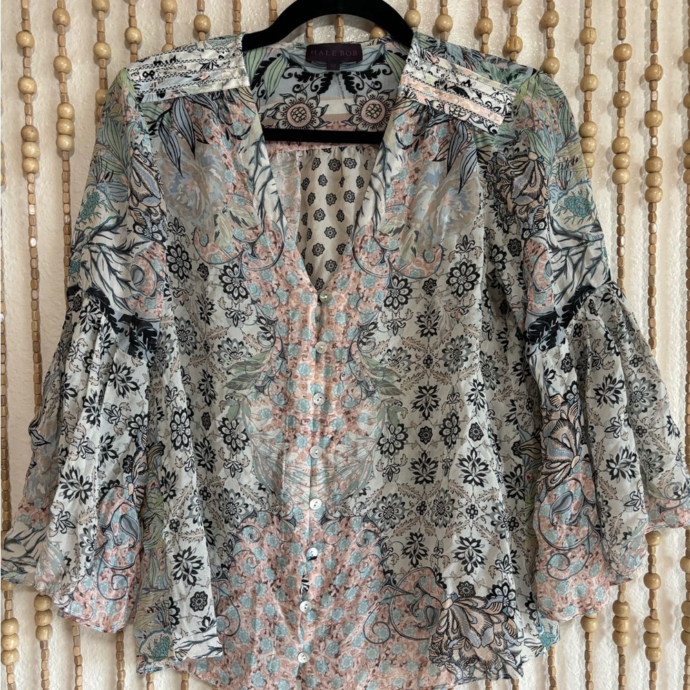 Hale Bob Pastel Multi Color Floral Boho Semi Sheer Bell Sleeve Flowy Blouse Med